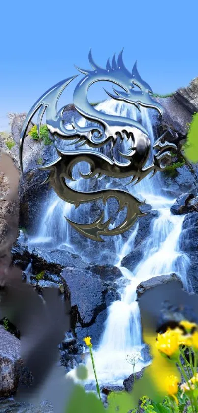 Metallic dragon over waterfall with flowers and blue sky.