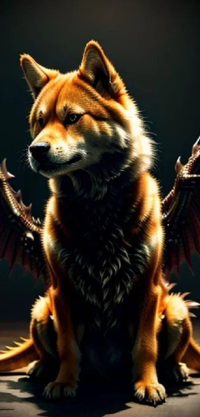 Fantasy dog with dragon wings on dark background.