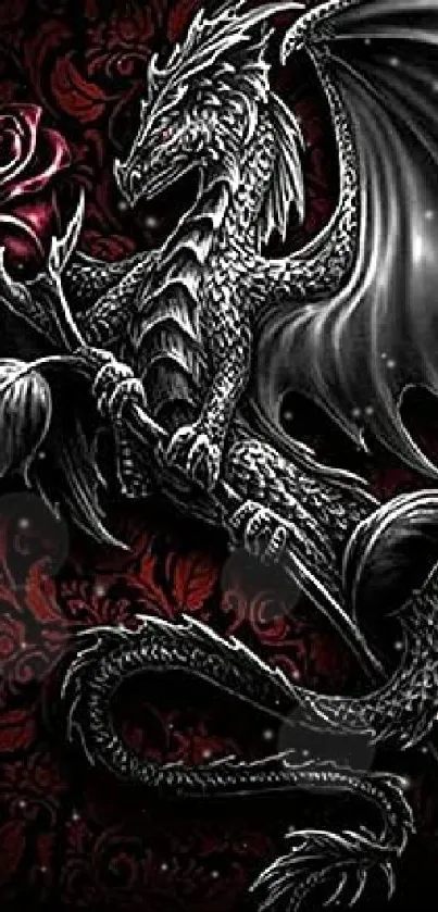 Dark dragon holding a red rose wallpaper.