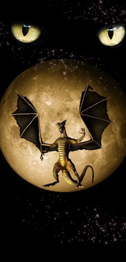 Dragon flying against the moon in a dark night sky.