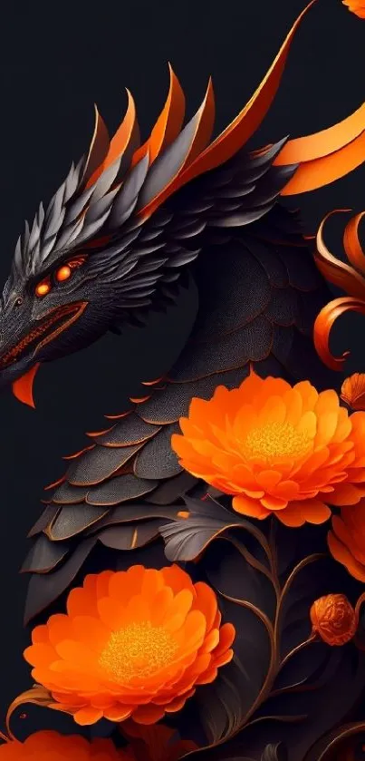 Black dragon with vibrant orange flowers in elegant design.