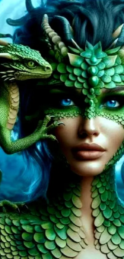 Fantasy wallpaper of a dragon woman with green scales and blue eyes.