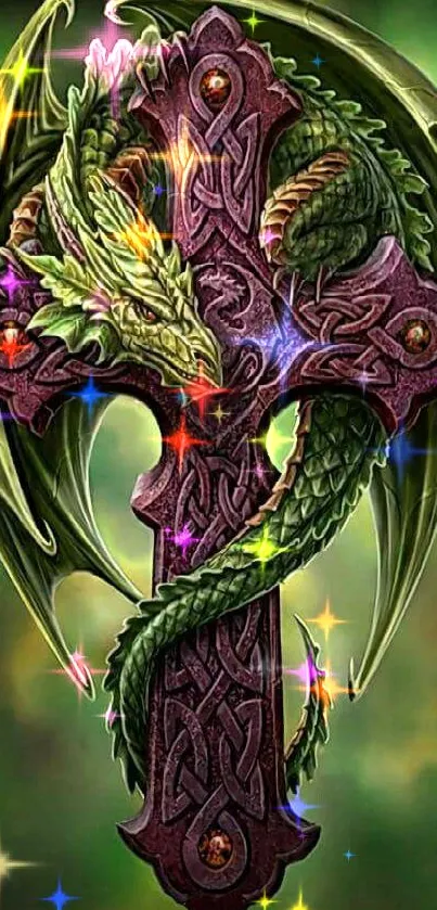 Intricate green dragon wrapped around a Celtic cross on a mystical background.