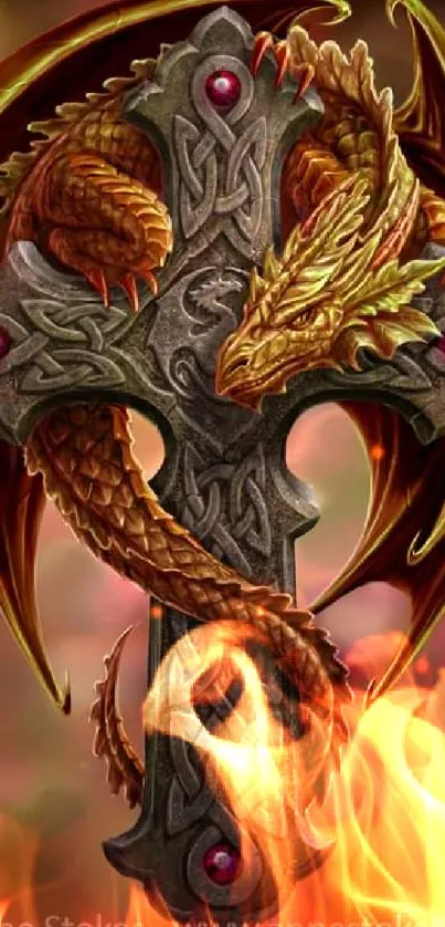 Dragon curled around a gothic cross with ornate details.