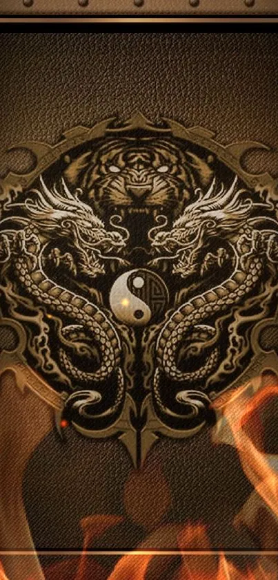 Dragon Yin Yang design on brown leather texture mobile wallpaper.