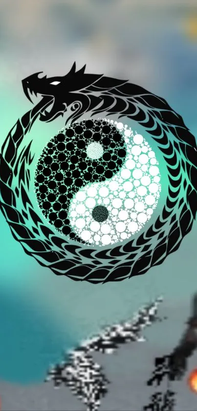 Dragon Yin Yang design on a turquoise background wallpaper.