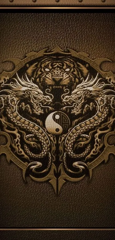 Dragon and Yin Yang symbol on brown textured background.