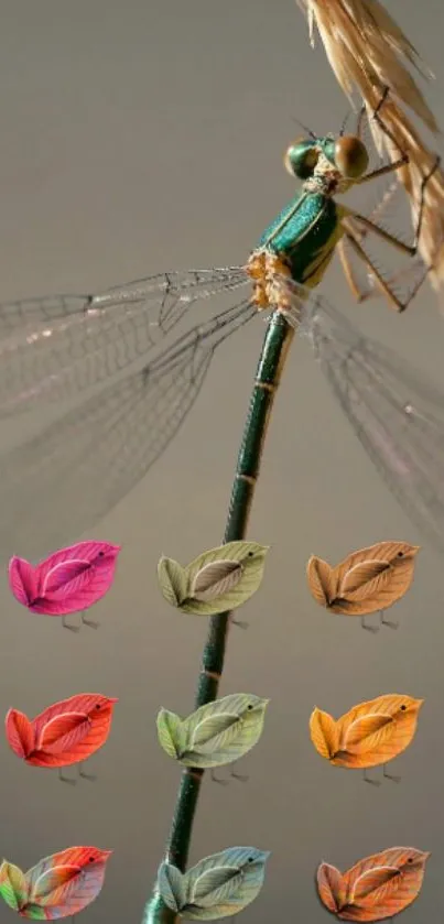 Dragonfly with colorful leaf art on a branch.