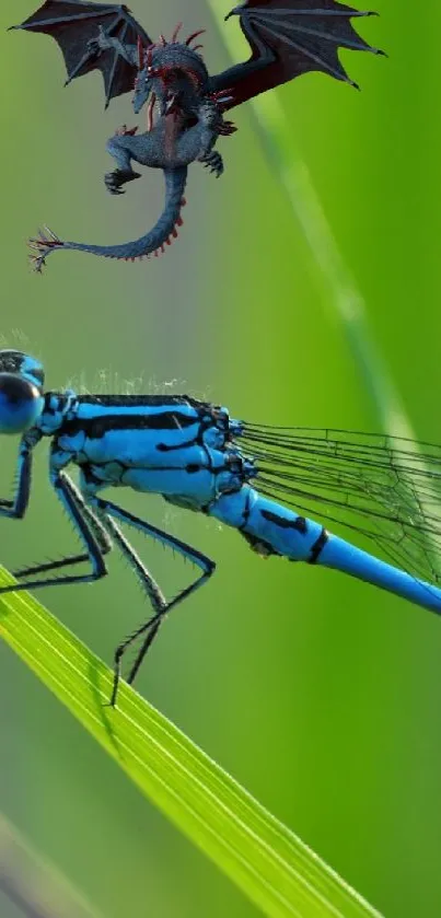 Blue dragonfly and small dragon on green background, perfect for mobile wallpaper.
