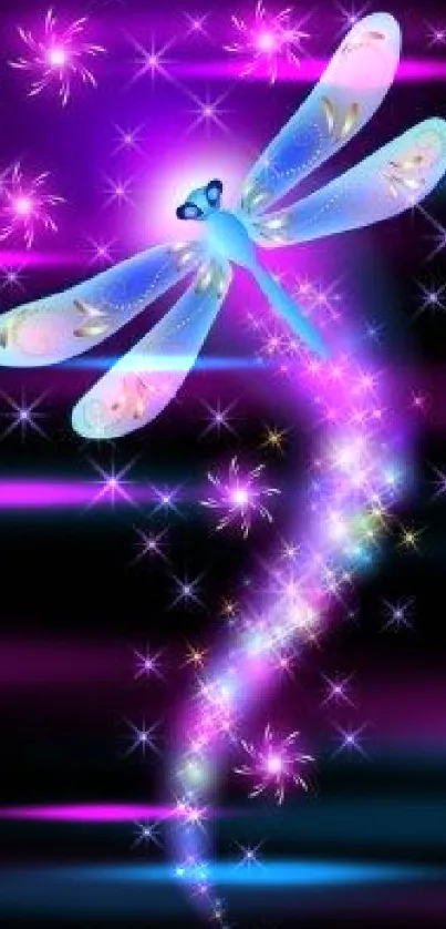 Magical dragonfly surrounded by stars on a purple background.