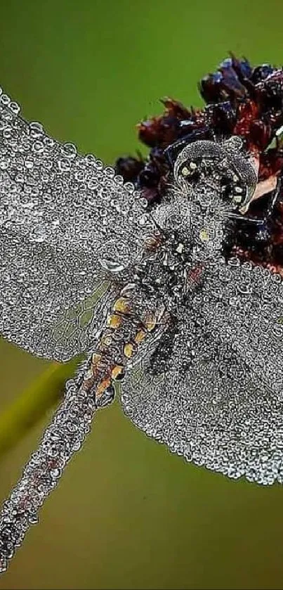 Close-up of a dragonfly with dew-covered wings on a lush green background.