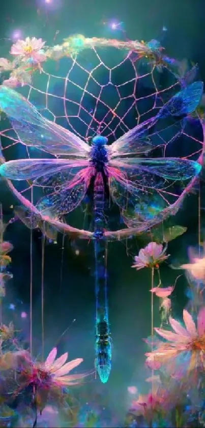 Dragonfly on a dreamcatcher with vibrant, colorful flowers.