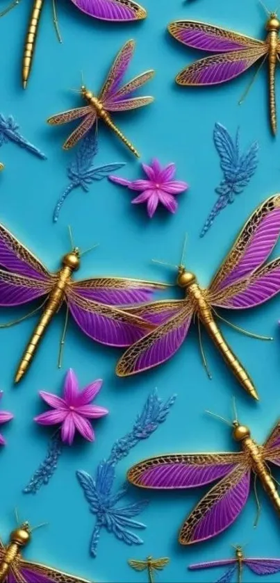 Vibrant dragonflies on a blue background.