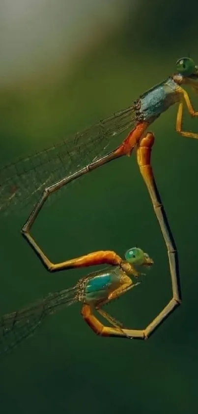 Two dragonflies create a heart shape on a deep green background.