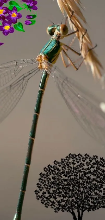 Detailed dragonfly with floral art and tree silhouette on gray background.