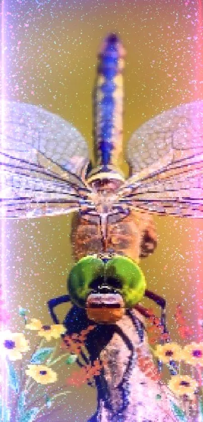 Dragonfly perched on a twig against a yellow backdrop, detailed wings displayed.