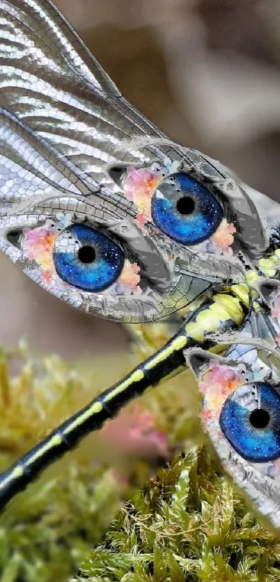 Dragonfly with artistic eye-patterned wings resting on moss.