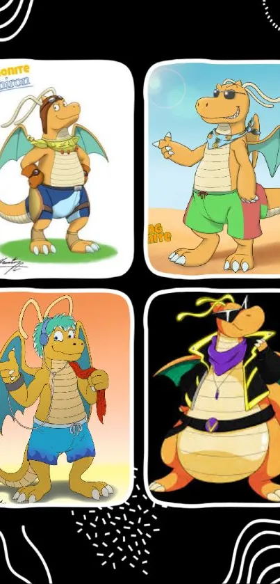 Cartoon Dragonite characters in stylish outfits on mobile wallpaper.