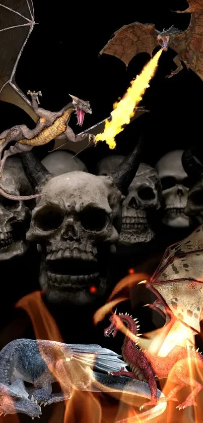 Dragons breathing fire over skull background wallpaper.