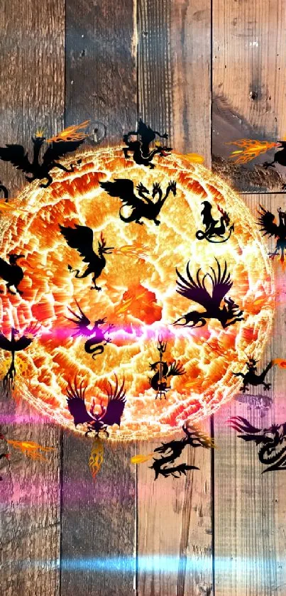 Wooden wallpaper with dragons and a fiery sun in the center.