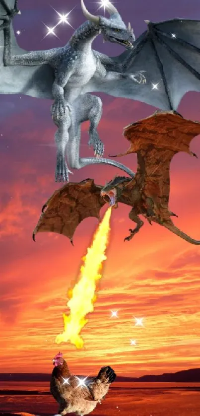 Two dragons in a fiery sunset sky, engaging in a fantastical battle.