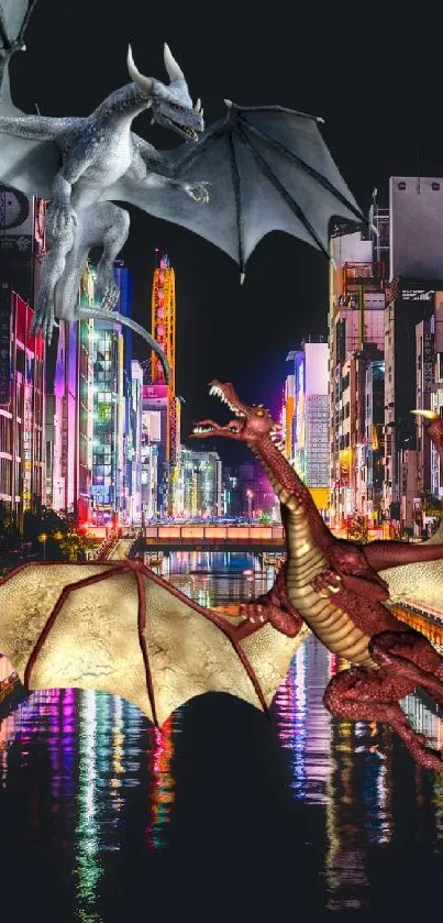 Two majestic dragons fly over a neon-lit city at night.