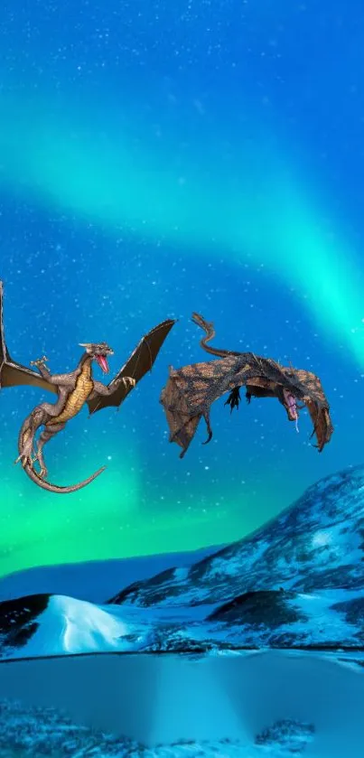 Dragons flying under vibrant northern lights over snow-capped mountains.