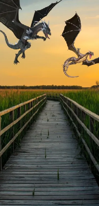 Dragons flying over a wooden path against a beautiful sunset backdrop.