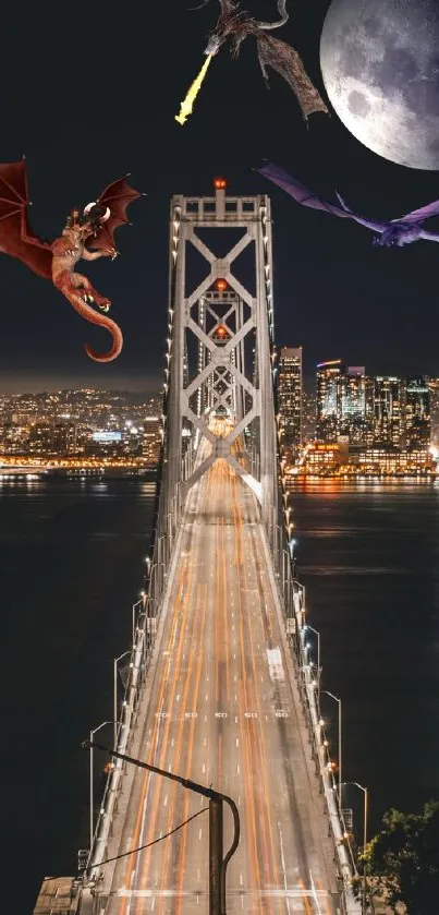 Dragons flying over a city at night with a prominent bridge and moon.