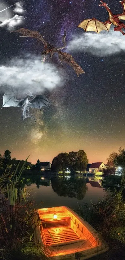 Night scene with dragons flying over a lake and lit boat.