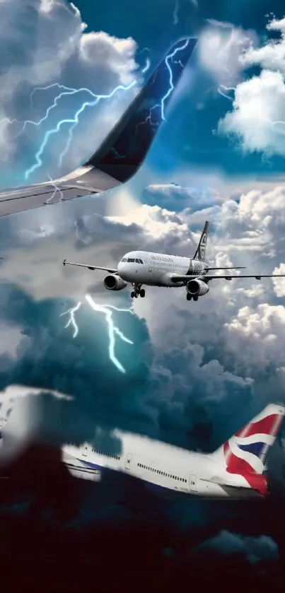 Airplanes flying through stormy skies with dramatic clouds and lightning.