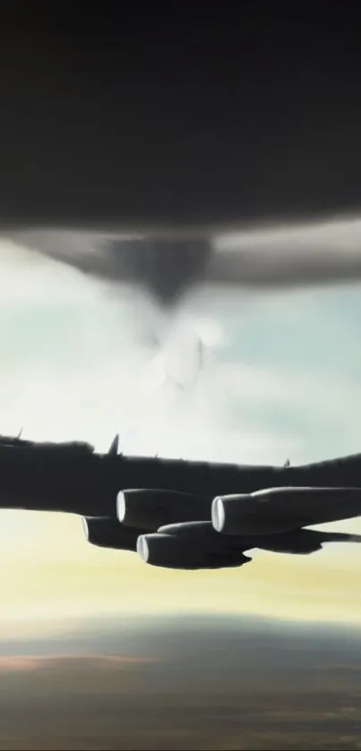 Silhouette of aircraft against stormy sky backdrop.