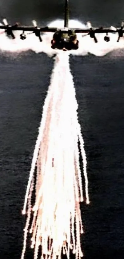 A plane releasing trails in a dramatic sky.