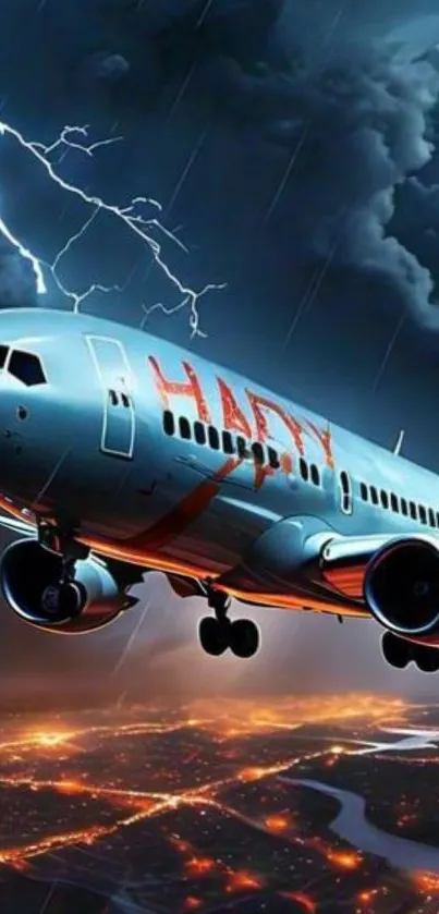 Airplane flying through stormy night sky with lightning.
