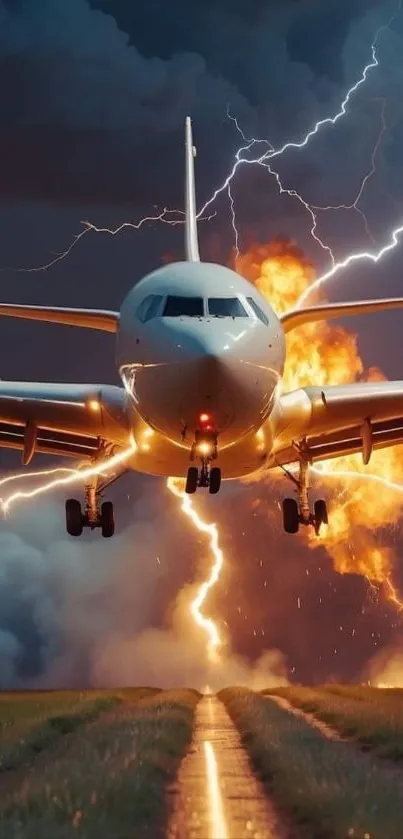 Airplane flying through lightning in a stormy sky.