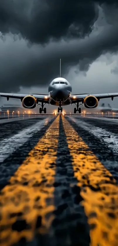 Airplane on stormy runway with dramatic sky.