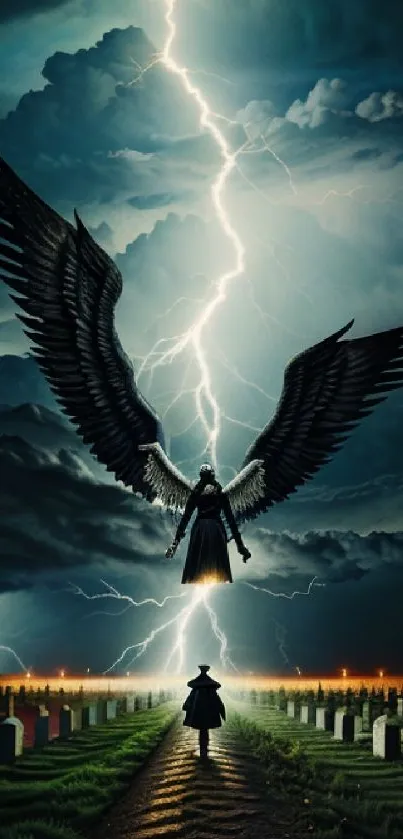 Dark angel with wings amidst stormy skies and lightning in a graveyard setting.