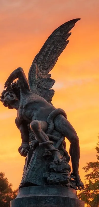 Angel statue with sunset sky in vivid orange tones for mobile wallpaper.