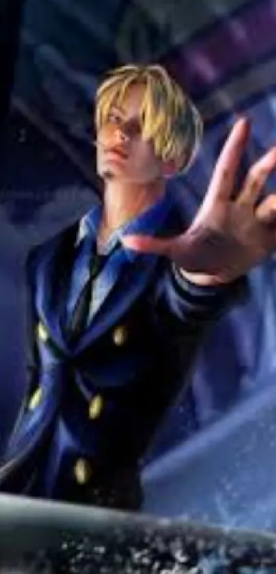 Anime character in blue suit with dramatic pose and mysterious backdrop.