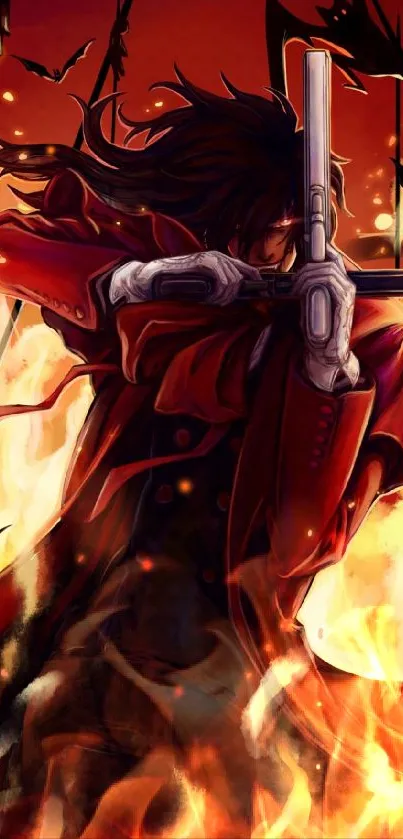 Anime gunfighter with fiery background showcasing dramatic style.