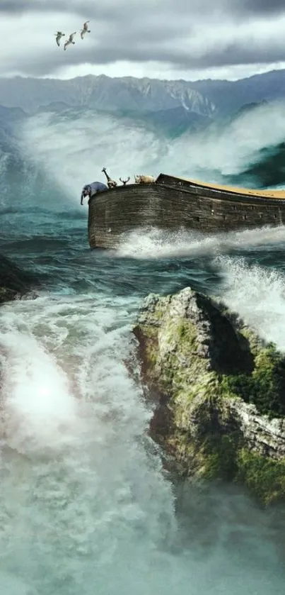 Ark on turbulent seas with dramatic mountains in background.