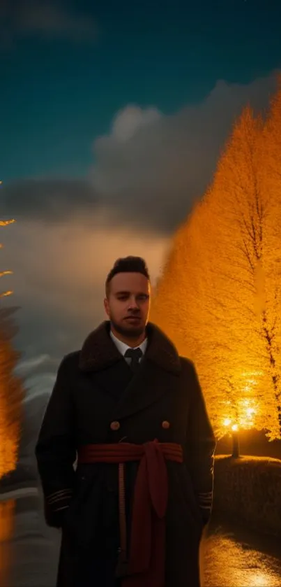 Stylish figure amidst glowing orange trees under a dramatic sunset sky.