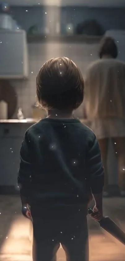 Backlit child silhouette in dimly lit kitchen creating a mysterious scene.