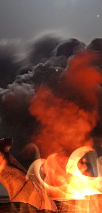 Silhouetted bat flying over glowing lava by night sky.