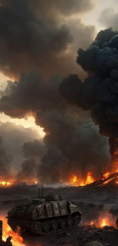 Dramatic scene with fire and tanks amidst a smoky battlefield.