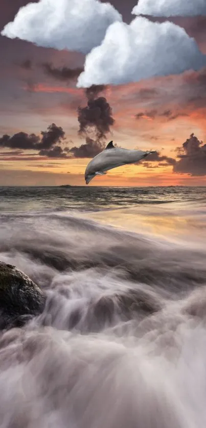 Ocean waves at sunset with dolphin.