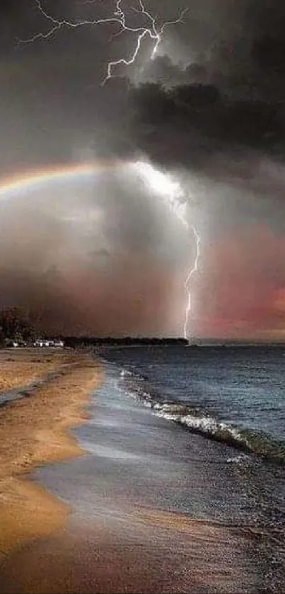 Dramatic beach with lightning and rainbow under stormy skies.