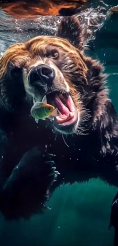 Bear diving underwater catching fish