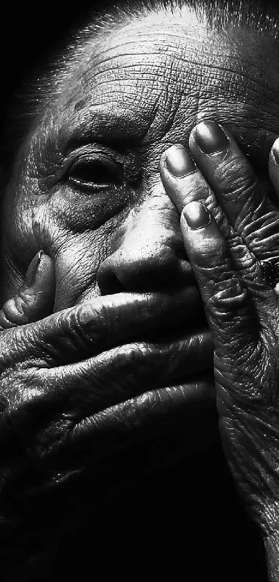 Black and white portrait with hands covering face.