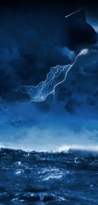 Dark stormy ocean with blue lightning in the night sky wallpaper.